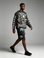 Ensemble T-shirt et Short Homme Style Course Personnalisé avec Rivets, Manches Longues, Tendance Urbaine
