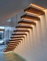 Escalier flottant moderne avec éclairage LED - Escalier en verre suspendu avec garde-corps en bois pour villa, loft, escalier intérieur