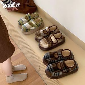<span class=keywords><strong>Scarpe</strong></span> da donna XIXITIAO Mary Jane con gancio e anello Vintage Plaid <span class=keywords><strong>scarpe</strong></span> da guida in peluche foderate invernali antiscivolo Casual da esterno - Product Image 1