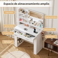 Coiffeuse moderne en MDF avec miroir LED, multiprise, éclairage 3 couleurs, 2 tiroirs, 9 étagères et support pour sèche-cheveux