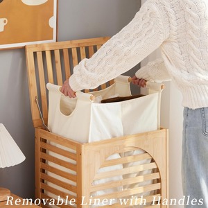 Cesto de ropa impermeable de bambú con bolsas de lavado extraíbles con asas, cesto para la ropa sucia con tapa - Product Image 1