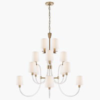 Lustre à deux niveaux en acrylique transparent avec bras courbés en laiton et abat-jour en lin, grand lustre de style transitionnel pour villa, hall d'entrée, escalier