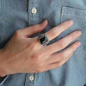 Cincin Terbuka Pria Vintage S925 Alloy dengan Inlay <span class=keywords><strong>Onyx</strong></span> Hitam Alami Desain Kreatif Perhiasan untuk Dipakai Sehari-hari - Product Image 1