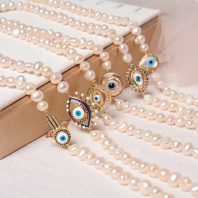 18K Bersepuh Emas Pesanan Khusus Jepang Cantik Asli Barok Tulang Selangka Tak Beraturan Mutiara Asli Kalung Mata Jahat Perhiasan