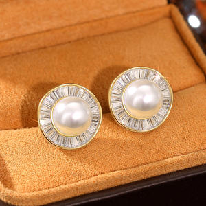 E3165 Gold Stud <b>Earrings</b> With Cultured <b>Pearl</b> Bezel Setting Classic Women's Jewelry Everyday Wear - Product Image 3