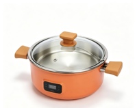 Panci Chafing Dish Bulat Warna Oranye Dilengkapi dengan Pelat Pemanas Kompor Induksi dan Lampu Pemanas untuk Prasmanan Hotel Katering