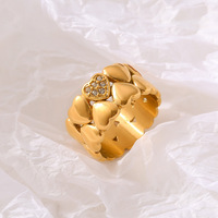 Bague Cœur Double Couche Empilée Vintage Style Moyen Âge avec Diamant, Plaqué Or Véritable 18K, Acier Inoxydable pour Femme
