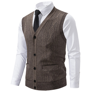 Sweater rompi hitam tanpa lengan pria, perdagangan luar negeri rajutan hangat leher V desain nyaman kantor modis musim dingin - Product Image 3
