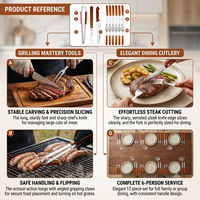 Ensemble de 16 pièces d'outils de barbecue pour le camping en plein air, comprenant un couteau à steak en acier inoxydable avec manche en bois, une fourchette, une planche à découper dans un sac portable