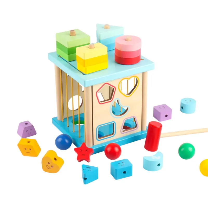 하이 퀄리티 4 in 1 어린이 놀이 스태킹 블록 모양 맞추기 장난감 나무 퍼즐 히트 볼 장난감 상자