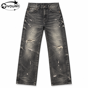 Jeans YOUMI Hip Hop pour hommes en coton, déchirés, à jambe large, effet vieilli, avec trous, coupe ample, style streetwear vintage Y2K - Product Image 1