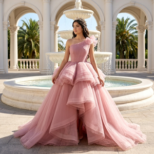251154 Elegante Vestido de Fiesta de Un Solo Hombro con Diseño Corto Delante y Largo Detrás, con Cuentas, Apliques, Encaje y Cristales - Product Image 1