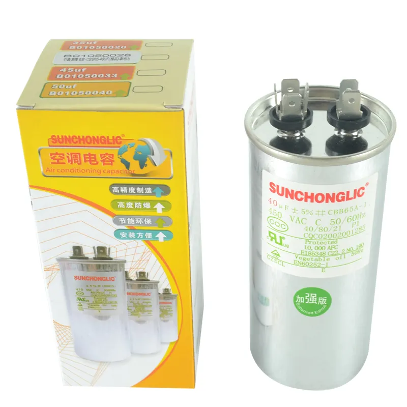 Sunchonglic hot sale air conditioner spare parts of CBB65 40 UF air conditioner ac fan motor capacitor