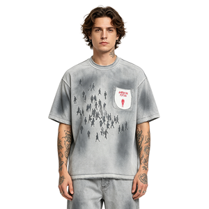 T-shirt Vintage American Psycho con Stampa Americana, Vestibilità Larga, Effetto Lavato, Tinta Effetto Fango, Effetto Consumato e Strappato, Grafica Vintage, 100% Cotone - Product Image 1