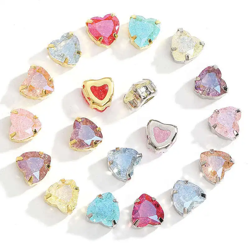 AW Heart Shape Glass Stone with Claw Golden Setting AB Color sew on rhinestone Ice effect Moonlight Color for Nail