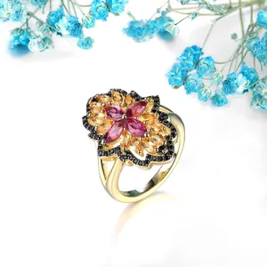 Luxury 925 silver mosaic yellow crystal and pink garnet paired with black spinel women's ring