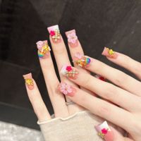 Faux Ongles à Presser Pêche Faits Main, Dégradé Corail, 3D Sucette, Abeille, Papillon, Fleur, Perle Dorée, Lot de 10 Pièces