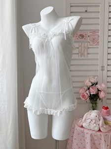Ensemble de lingerie babydoll sexy en maille transparente avec string, nœud papillon, bretelles spaghetti et bordure en dentelle, tenue de nuit intime douce pour femme, vente en gros - Product Image 6