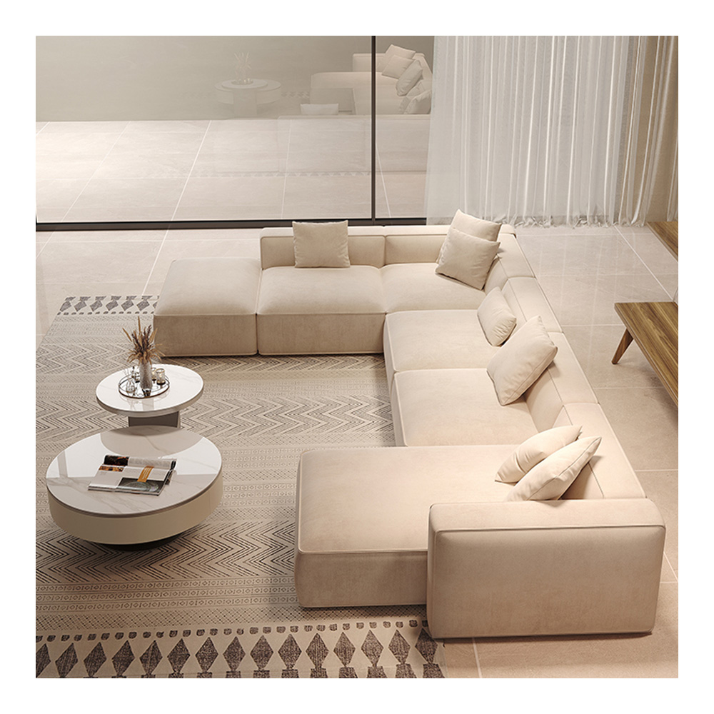 ソファー　クリーム色 Italian Minimalist Sofa Tofu Block - Cream Fabric, Modular Design