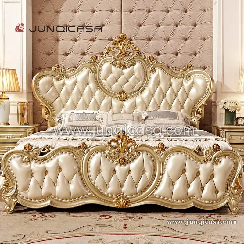 French Style Home Wooden Bed Frame Master Bedroom Modern Gold Leaf Carving King Size Bed