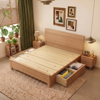 Lit double en chêne massif de style nordique, structure à mortaise et tenon, rangement avec tiroirs, design moderne minimaliste, hauteur réglable