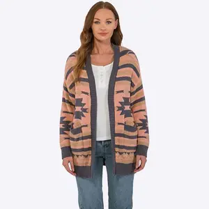 Maglione cardigan lavorato a maglia da donna con motivo a stampa leopardata di media lunghezza in materiale di alta qualità all'ingrosso