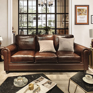 Divano a Tre Posti Stile Americano con Grandi Pulsanti, in Vera Pelle Vintage di Prima Qualità, Colore Marrone, per Soggiorno - Arredamento Casa - Product Image 4