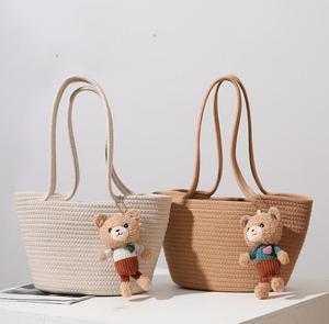 Bolsa de Mano de Algodón de Color Sólido con Adorno de Oso, Estilo Bohemio, Cierre Abierto, Gran Capacidad, Bolsa de Compras para Mujer, Uso en la Playa, para el Verano - Product Image 1