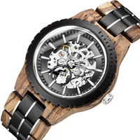Montre automatique squelette de luxe pour homme en bois avec cadran en verre minéral et bracelet en bois et acier