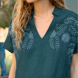 Robe d'été midi décontractée pour femme, personnalisable, élégante, en coton et lin, à motif floral ou uni, coupe trapèze, col en V, manches courtes, avec fentes - Product Image 3