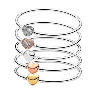 Ban Đầu Pave Tim Những Khoảnh Khắc Clasp Rắn Chuỗi Bangle Vòng Đeo Tay Phù Hợp Thời Trang Vòng Đeo Tay 925 Sterling Bạc Bead Quyến Rũ Tự Làm Đồ Trang Sức