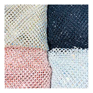 Wholesale square stretch shining rhinestone crystal mesh fabric luxury crystals rhinestone net mesh fabric for stage dress