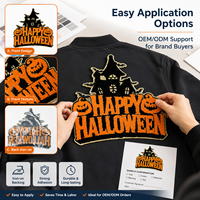 Parches Personalizados de Halloween Bordados con Lentejuelas de Castillo Espeluznante, Letras Felices, Tema Naranja, Apliques Termoadhesivos para Chaquetas y Bolsos