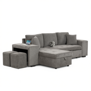 Canapé d'angle en forme de L, 3 places, convertible avec rangement, 2 tabourets, ensemble de meubles de salon, lin gris - Product Image 1