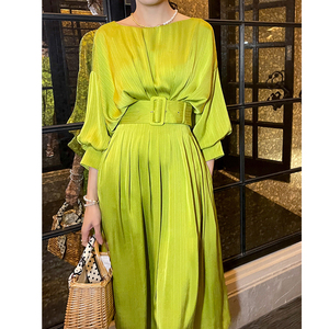 Diseño personalizado <span class=keywords><strong>verde</strong></span> elegante <span class=keywords><strong>linterna</strong></span> manga encaje plisado Midi vestidos para las mujeres - Product Image 3