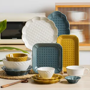 Hot selling porcelain tableware ceramic dinner plate mug and bowl set with embossed design dinnerware