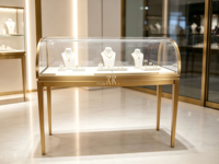 Comptoir de présentation de bijoux en verre incurvé de luxe, pieds en métal doré brossé, logo personnalisé, éclairage LED, vitrine de vente au détail pour centre commercial