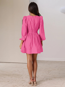 Wholesale Custom Autumn Hot European American Women's V-Neck Pleated Skirt Ruffled <strong>Old</strong> New Dress Casual Solid <strong>Pattern</strong> Dress - Product Image 4