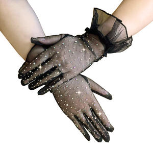 Sarung tangan kerja wanita, gaya Vintage berlian imitasi kerut Trim Mesh pernikahan Prom pesta malam wanita tipis renda pendek Tulle sarung tangan jari penuh - Product Image 6