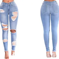 Calça Jeans Skinny Azul Rasgado, Calça Jeans Feminina, Clássico, Moderno, Moderno, Moderno, Tendência, Skinny, Venda por Atacado, 3XL