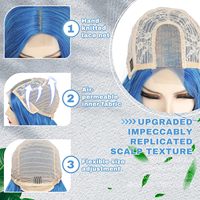 Rambut Keriting Panjang Bergelombang Wanita Amerika Eropa, Belahan Tengah, Lace Kecil, Gradasi Biru, Gaya Liburan, Buatan Mesin, Tenun Tangan, Vegan