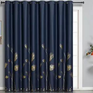 リビングルーム用のゴールドパームツリーパターンフォイルプリント断熱ブラックアウトカーテン付きグロメットエクストラワイドウィンドウカーテン