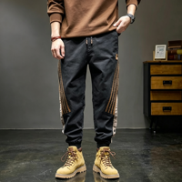 Pantalon décontracté pour hommes, coupe droite, patchwork, pantalon de travail, printemps, ample, taille mi-haute élastique, avec cordon de serrage à la cheville