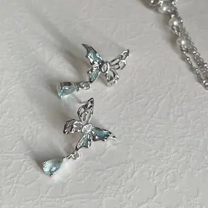 Premium Exquisite Molten Lava Melting Hollow Sterling Silver Butterfly Blue Pear Pendant Earrings For Girls