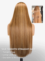 Perruque Lace Front 13x4 en Cheveux Humains Lisses Soyeux, Forme M, Sans Colle, HD, Blond Miel avec Mèches, Mini Nœuds Pré-Pluckés, Petite Taille