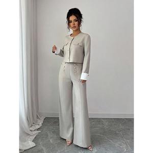 ハイエンド女性用カジュアルツーピーススーツショートカラーレスジャケットとパンツ - Product Image 4