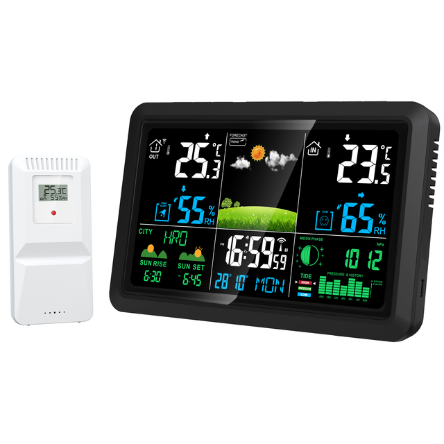 Wireless Weather Station with Outdoor Sensor Color Display Digital Temperature Humidity Monitor Radio Controlled Alarm Clock