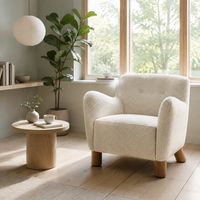 Fauteuil d'appoint moderne et minimaliste en bouclette, fauteuil club capitonné crème avec pieds en bois massif, fauteuil lounge confortable pour salon