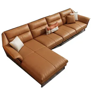 Modern luxury sofa in orange PU leather minimalist 7-sided super soft four person sofa for hotel apartment flat living room