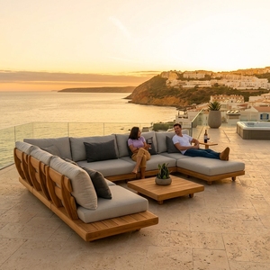 Canapé modulaire en teck massif résistant aux intempéries, en forme <span class=keywords><strong>de</strong></span> L, avec coussins extra profonds, chaise longue, table basse, terrasse, villa - Product Image 4